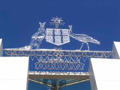 Australian Coat of arms above the entrance to Parliament House, Canberra
