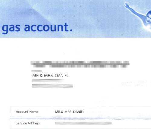 Gas bill addressed to Mr and Mrs Daniel.