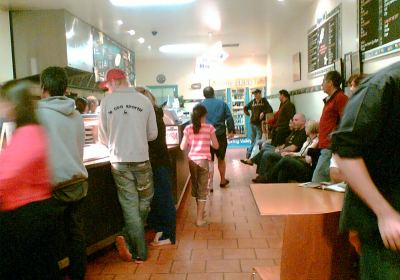 Queue at fish and chips shop