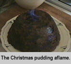 [The Christmas pudding aflame]