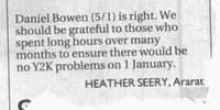 [Letter from Heather Seery, in the Age 6/1/2000]