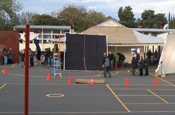 Filming in the schoolyard.