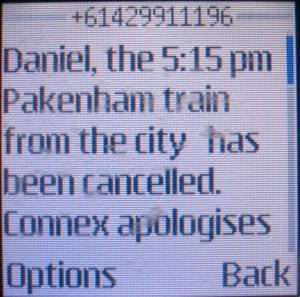 Connex cancelled train apology SMS