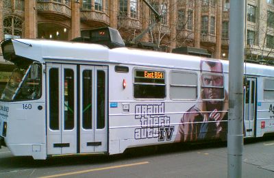 Tram with GTA advert on it