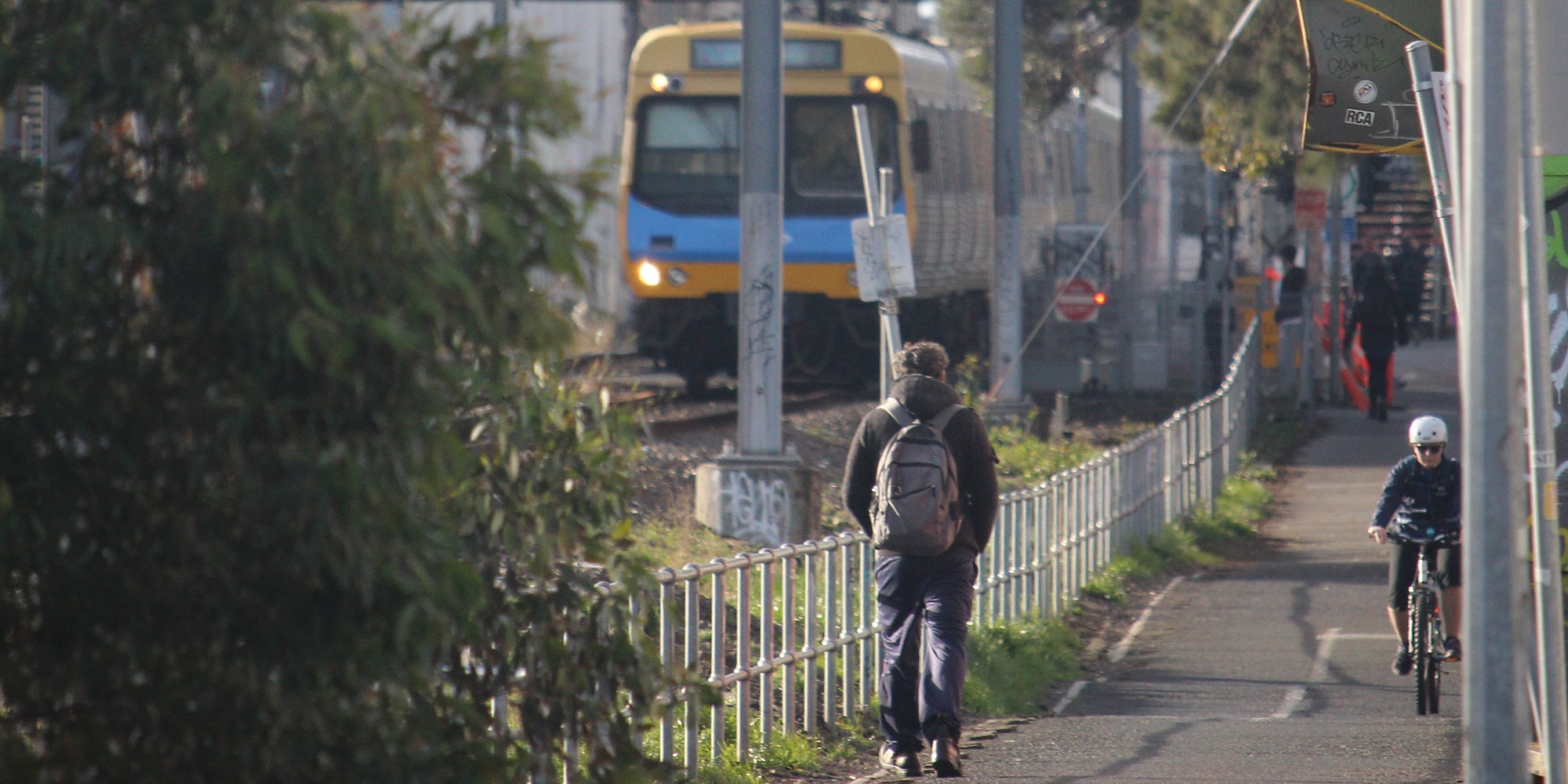 Train, walker, cyclist