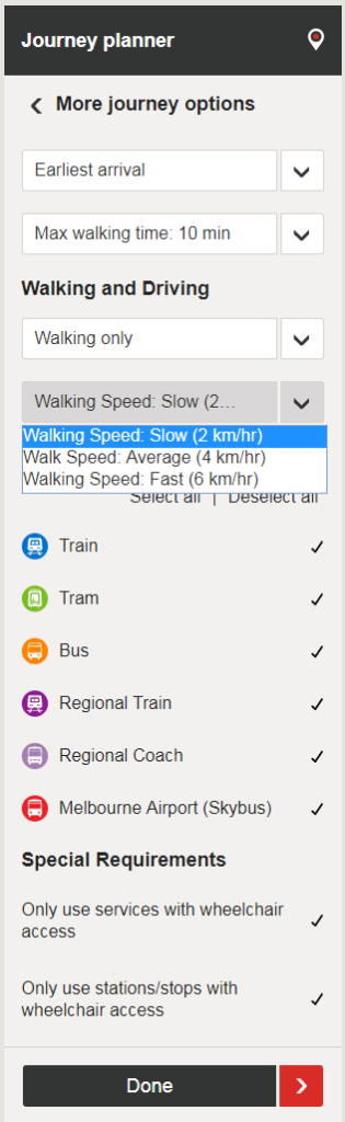 PTV Journey Planner options