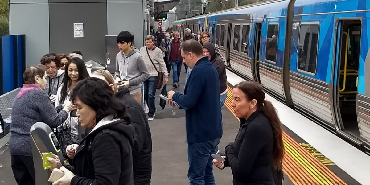 Passengers at Southland station, 21/4/2018
