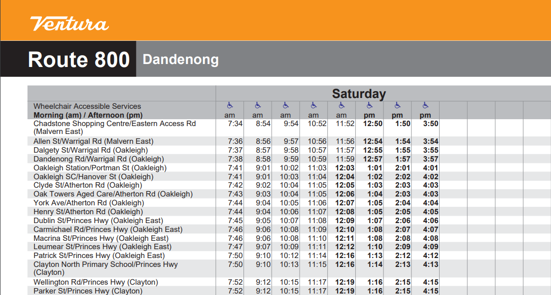 Route 800 bus Saturday timetable